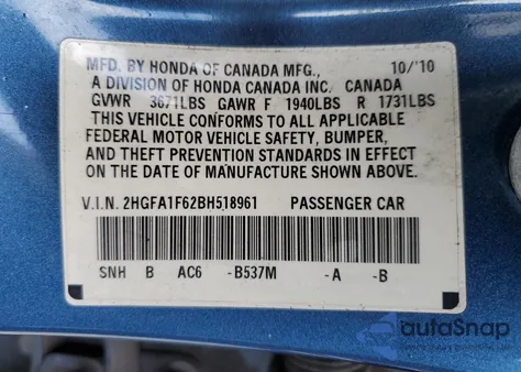 2011 Honda Civic Lx-S z USA, uszkodzony, nr VIN 2HGFA1F62BH518961